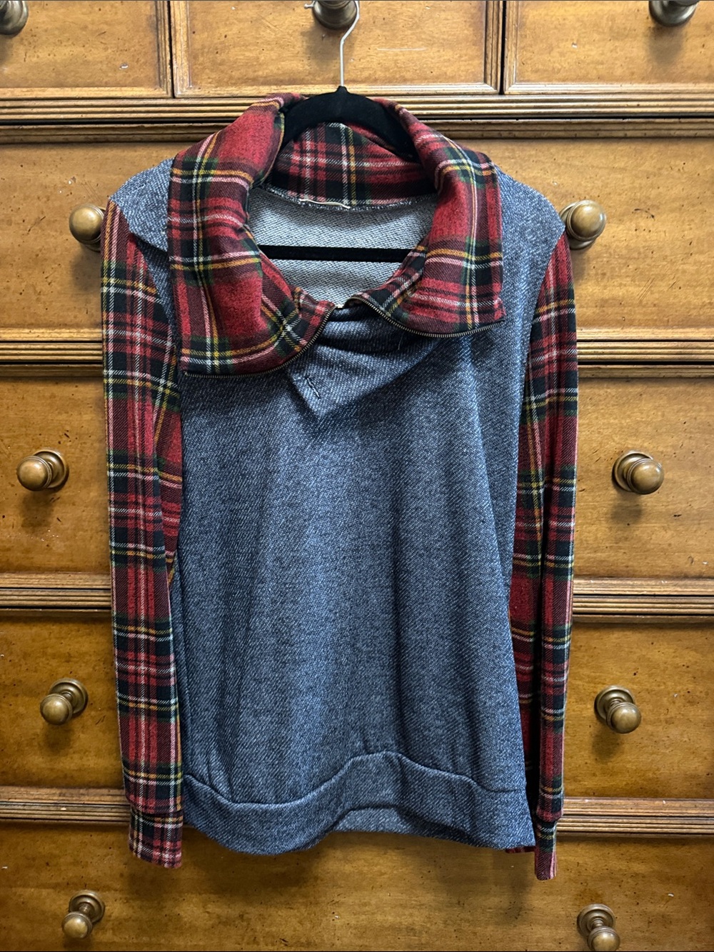 12 Pm By Mon Ami Gray Cowl Neck Sweater with Red Plaid Trim